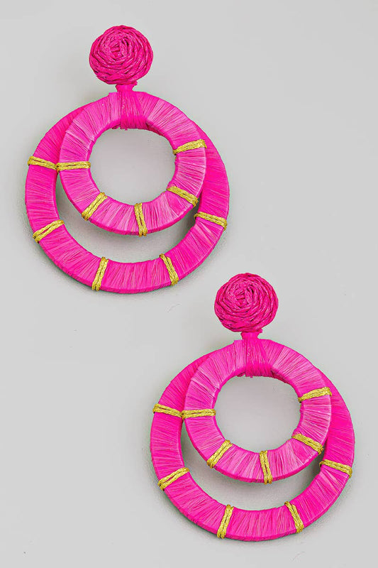 Double Raffia Wrapped Circle Drop Earrings