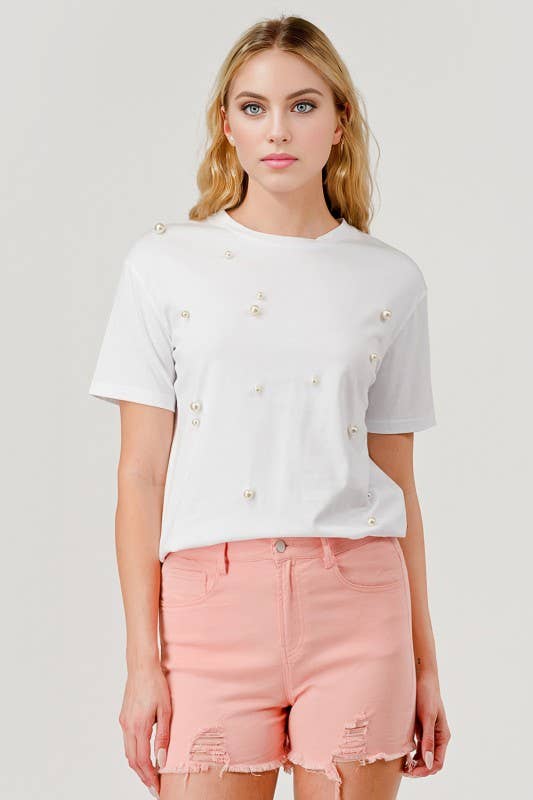 Pearl Round Neck Short-Sleeved T-Shirt