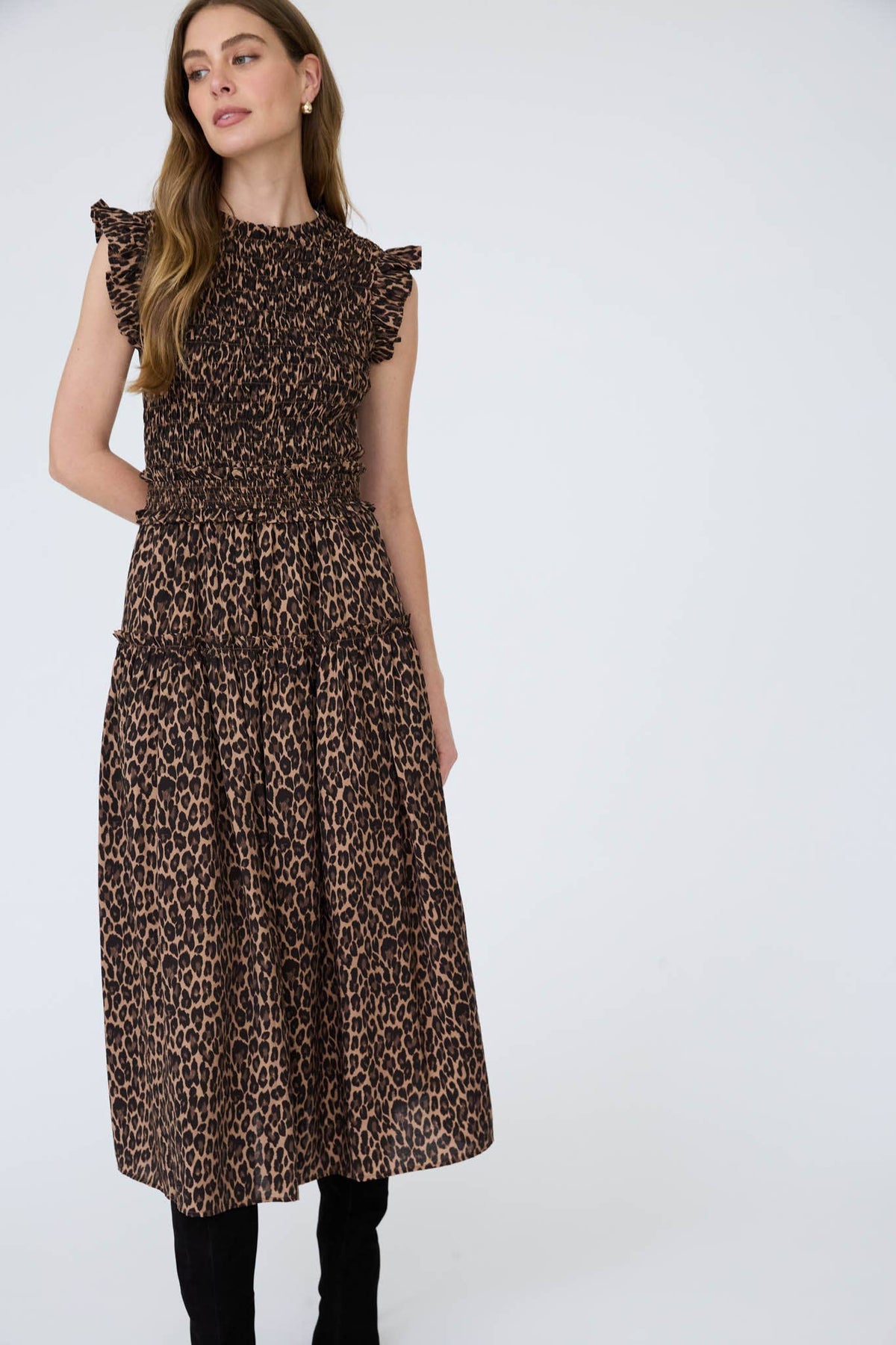 PRE ORDER LEOPARD SLEEVELESS SMOCKED TIERED MIDI DRESS