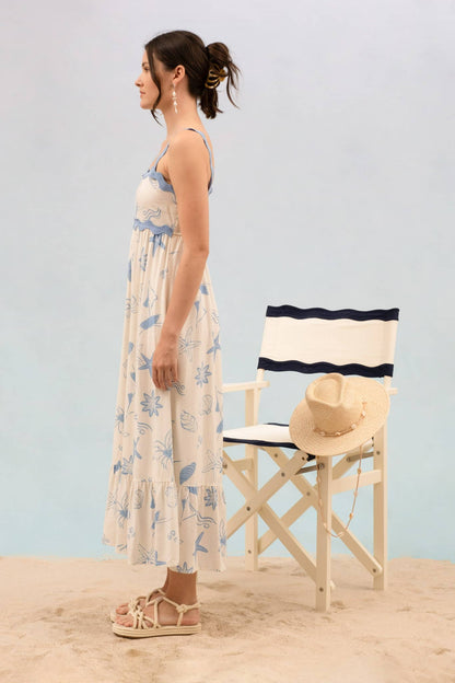 SEA PRINT WAVY TRIM SLEEVELESS MAXI DRESS