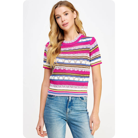 Multi Stripe Color Short Sleeve Crochet Knit Top