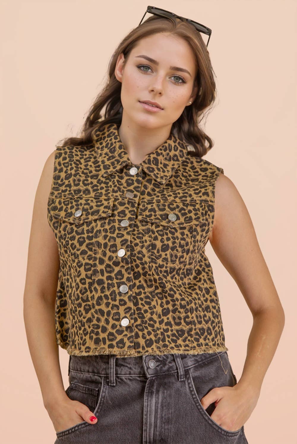 Leopard Printed Collared Casual Vest