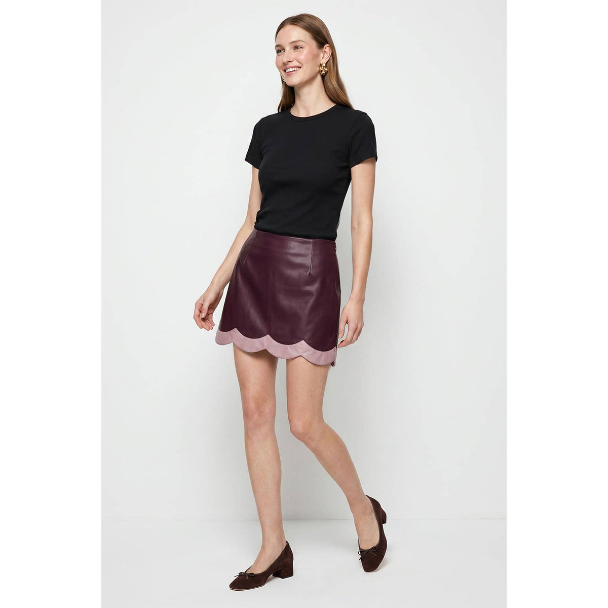 Scallop Hem Vegan Leather Mini Skort