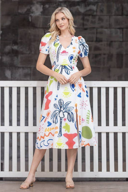 V-neck short sleeve back tie midi dress