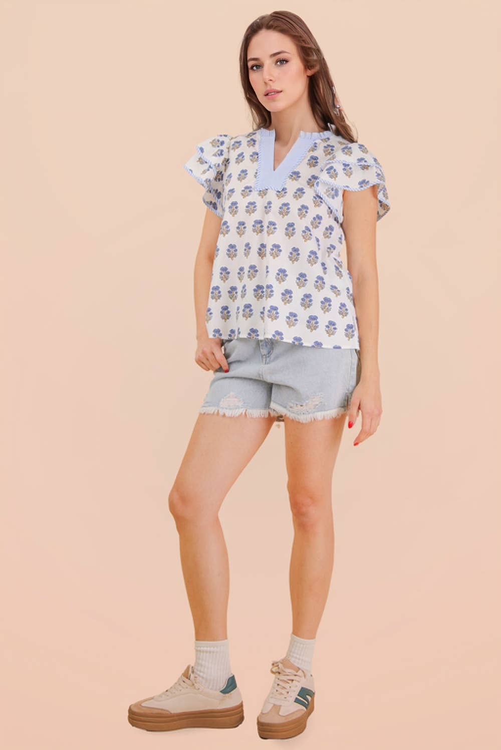 Ruffle Sleeve Printed Woven Blouse Top