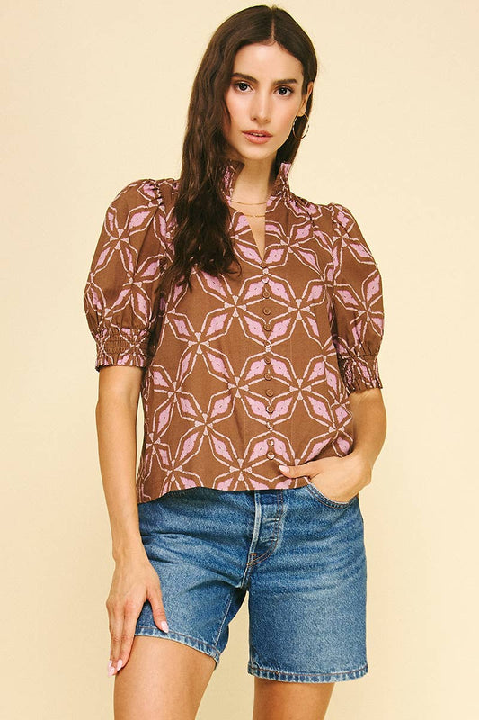 PRINT BUTTON DETAILED BLOUSE TOP