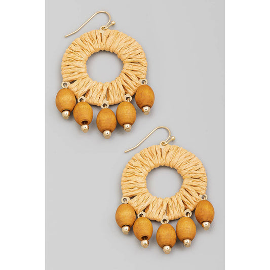 Wooden Bead Fringe Paper Hoop Drop Earrings
