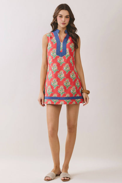 Orange Floral Print Side Slit Contrast Trim Dress