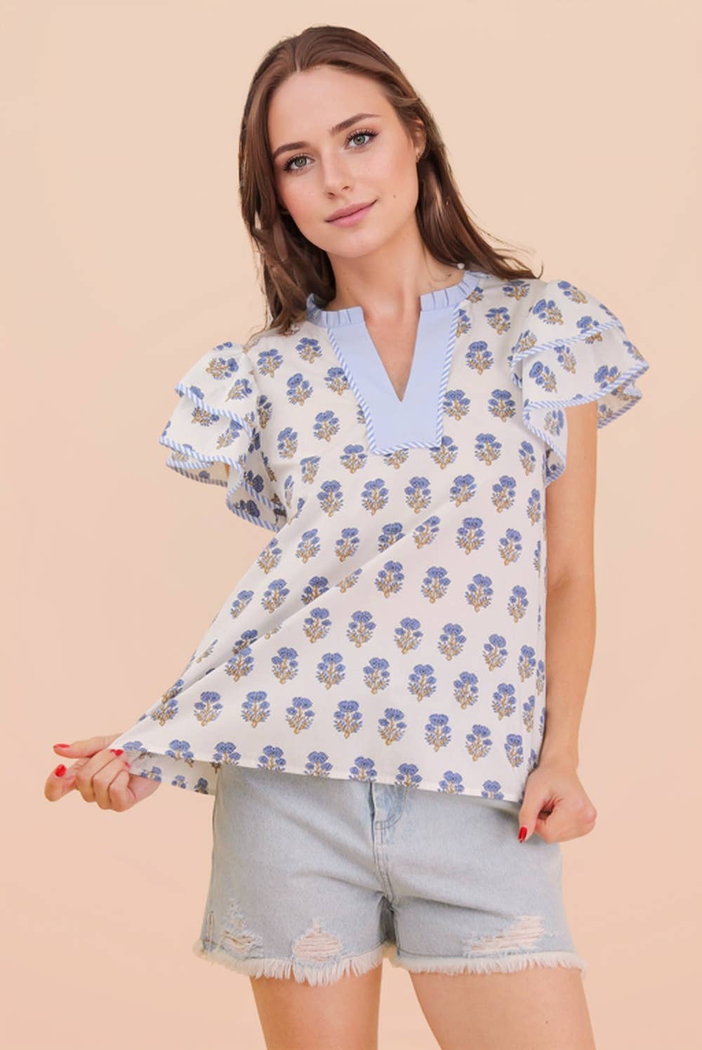 Ruffle Sleeve Printed Woven Blouse Top