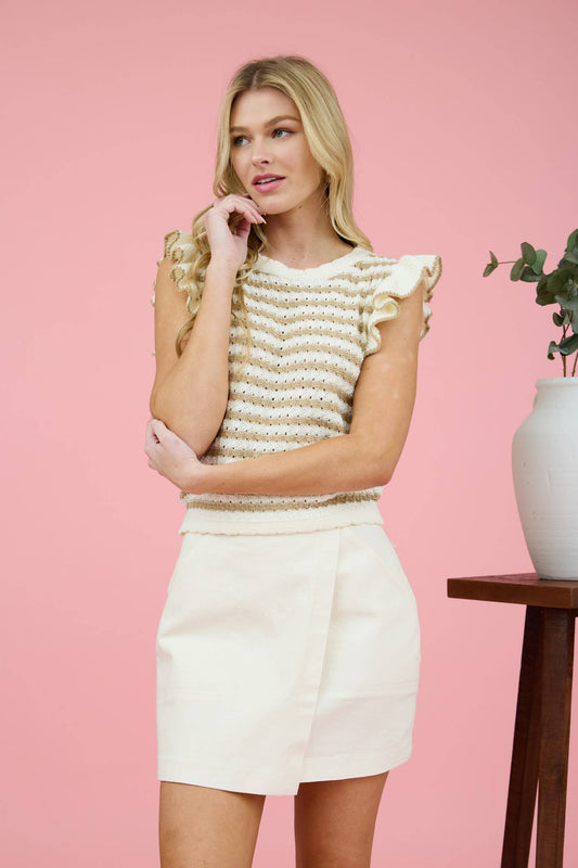 STRIPE SHORT RUFFLE SLEEVE SWEATER KNIT TOP