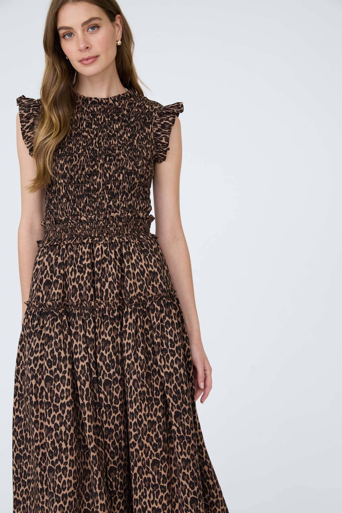 PRE ORDER LEOPARD SLEEVELESS SMOCKED TIERED MIDI DRESS