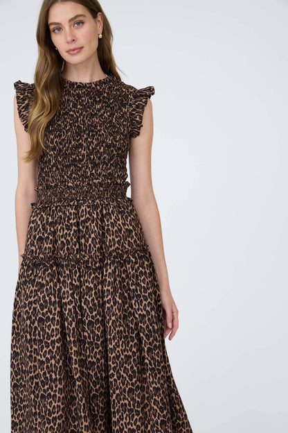 PRE ORDER LEOPARD SLEEVELESS SMOCKED TIERED MIDI DRESS