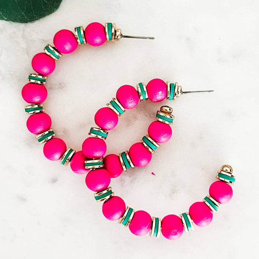 Fuchsia Beaded Hoops