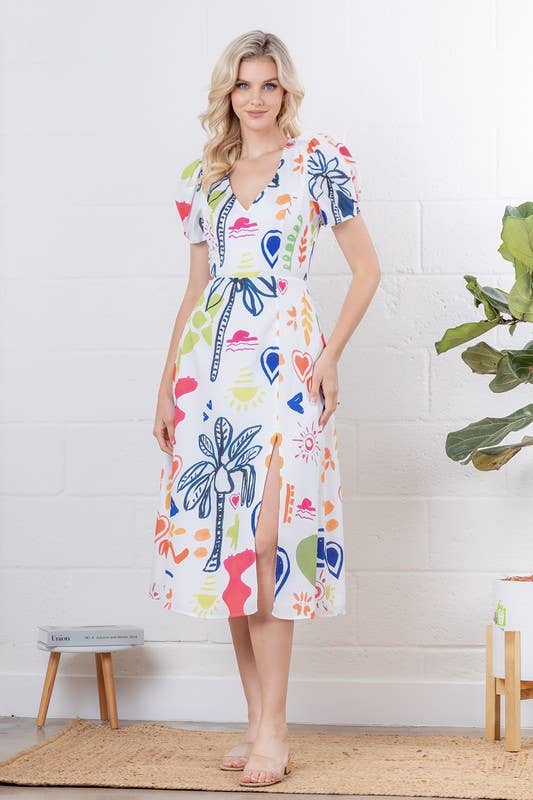 V-neck short sleeve back tie midi dress