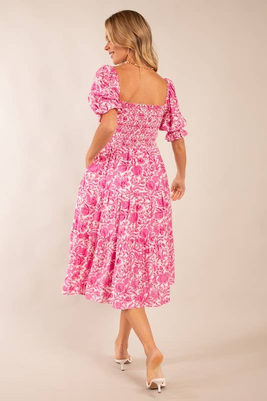 Floral Smocked Puff Sleeve Midi Dress