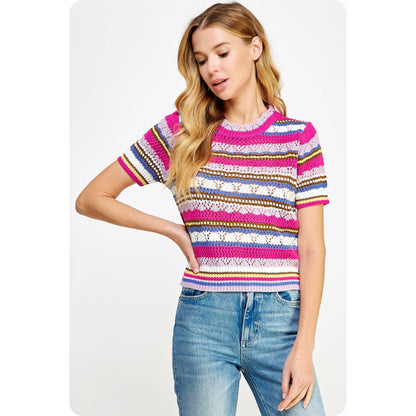 Multi Stripe Color Short Sleeve Crochet Knit Top