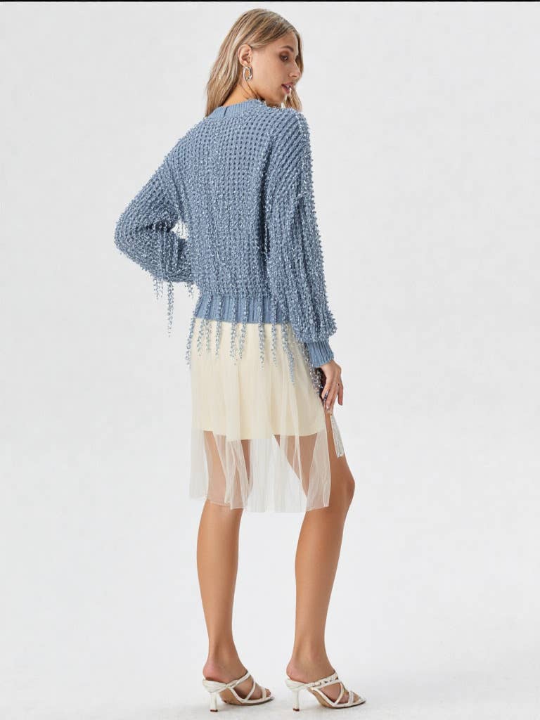 Fringe Detail Holiday Party Knit Sweater Top