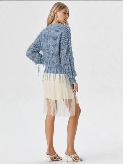 Fringe Detail Holiday Party Knit Sweater Top