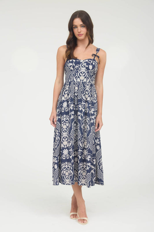 FLORAL DAMASK BOW DETAIL SLEEVELESS MIDI DRESS